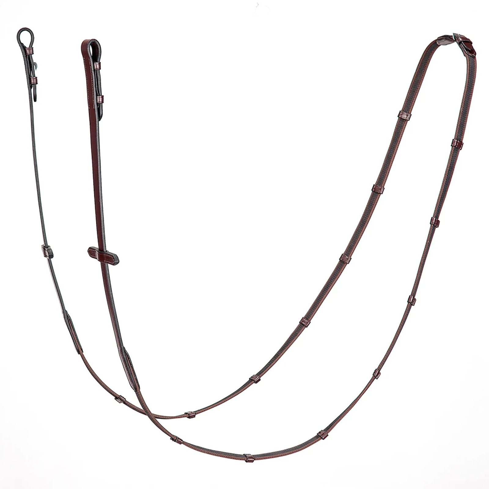 Equiline Leather Continental Antislip Reins with 7 Leather Stops and Martingale Stopper-Black